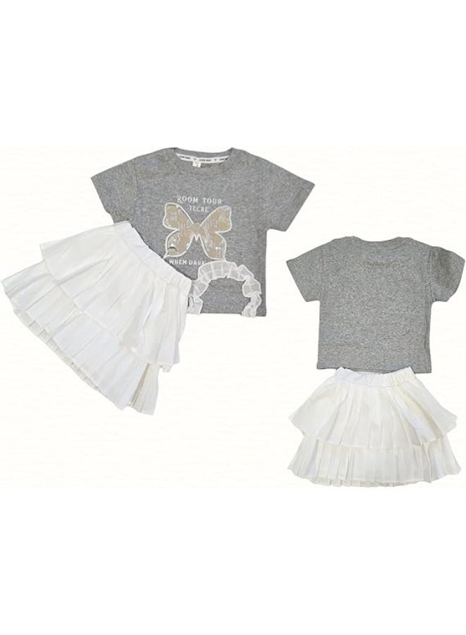 MINIIMODZ MINII MODZ Grey Butterfly Girls Skirt & Top Set | Skirt with Shorts Underneath for Toddler Girls | Party Wear Embellished Top & Lace Design - Image 2